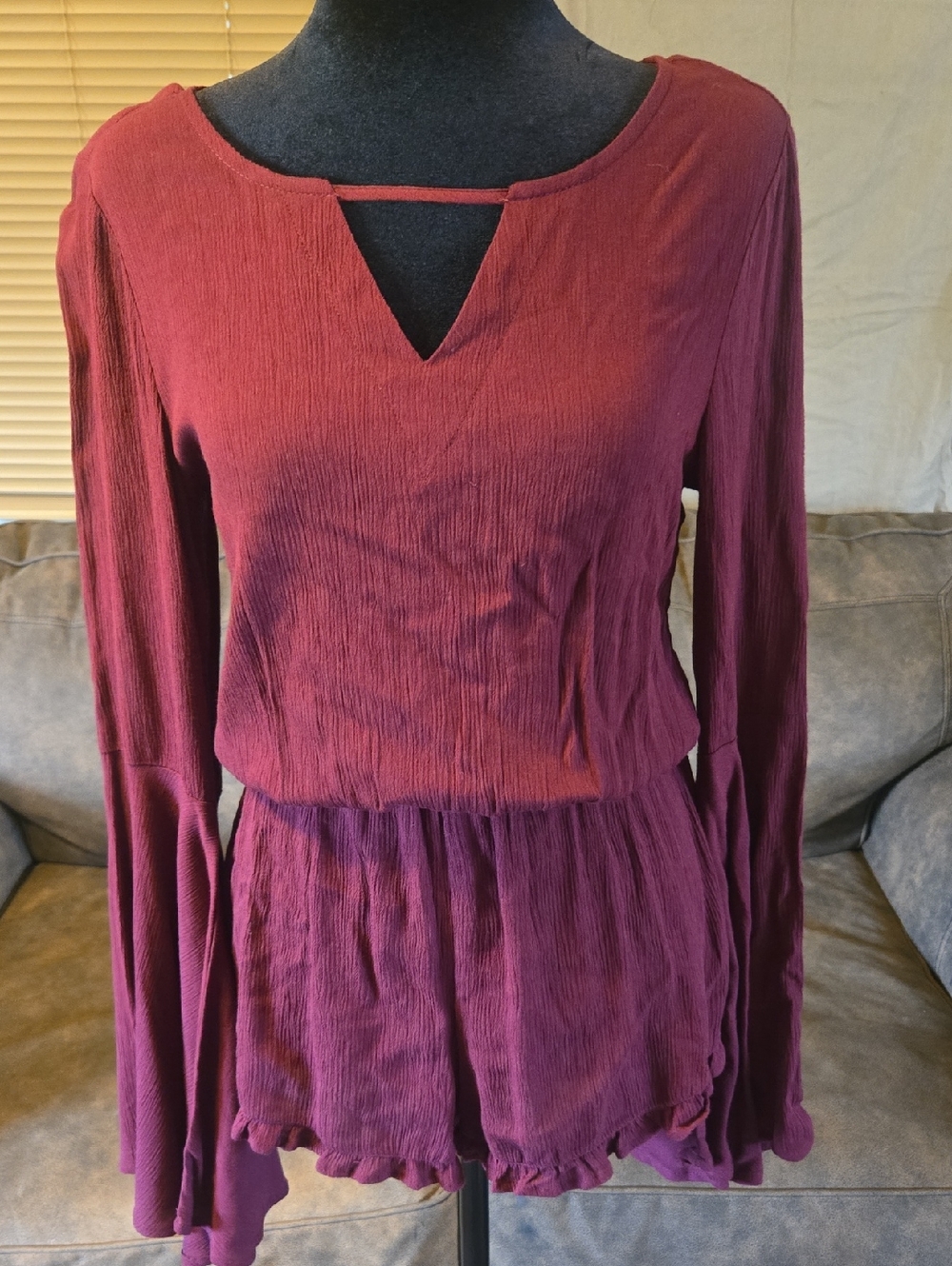 Buckle Burgundy Long-Sleeve Crinkle Peplum Shorts Romper